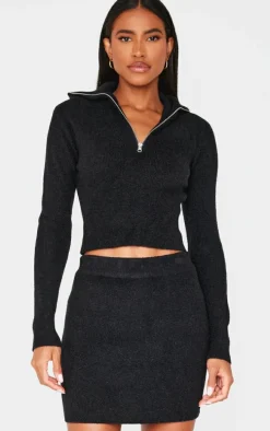 Black Soft Knit Zip Up Roll Neck Cropped Sweater