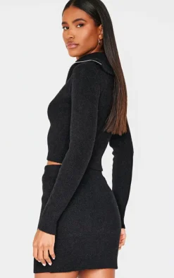 Black Soft Knit Zip Up Roll Neck Cropped Sweater