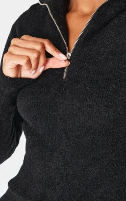 Black Soft Knit Zip Up Roll Neck Cropped Sweater
