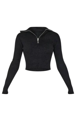 Black Soft Knit Zip Up Roll Neck Cropped Sweater