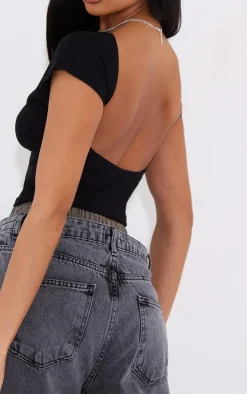 Black Soft Rib Backless Top