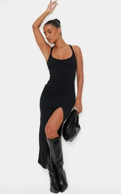 Black Soft Rib Cut Out Tie Back Midaxi Dress
