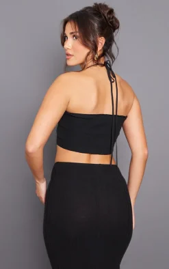 Black Soft Rib Knit Flower Applique Crop Top