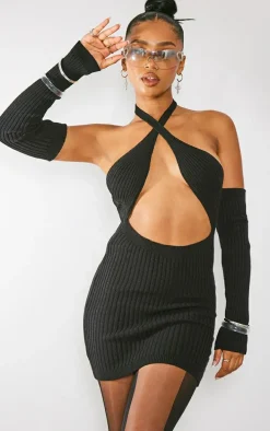 Black Soft Rib Knit Halter Neck Dress