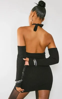 Black Soft Rib Knit Halter Neck Dress