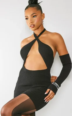 Black Soft Rib Knit Halter Neck Dress