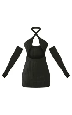 Black Soft Rib Knit Halter Neck Dress