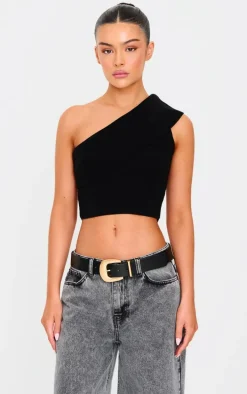 Black Soft Rib Knit One Shoulder Fold Over Crop Top
