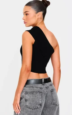Black Soft Rib Knit One Shoulder Fold Over Crop Top