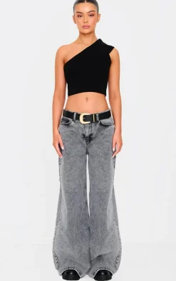 Black Soft Rib Knit One Shoulder Fold Over Crop Top