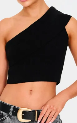 Black Soft Rib Knit One Shoulder Fold Over Crop Top
