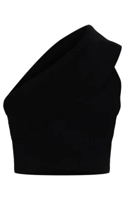 Black Soft Rib Knit One Shoulder Fold Over Crop Top
