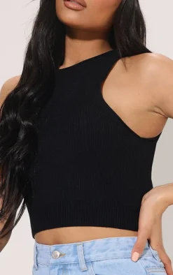 Black Soft Rib Knit Racer Tank Top