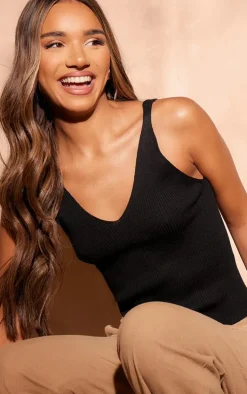 Black Soft Rib Knit V Neck Vest