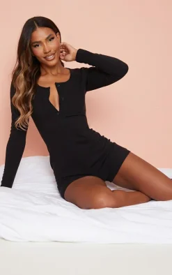 Black Soft Rib Long Sleeve Button Romper