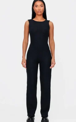 Black Soft Rib Wide Leg Racer Neck Jumpsuit