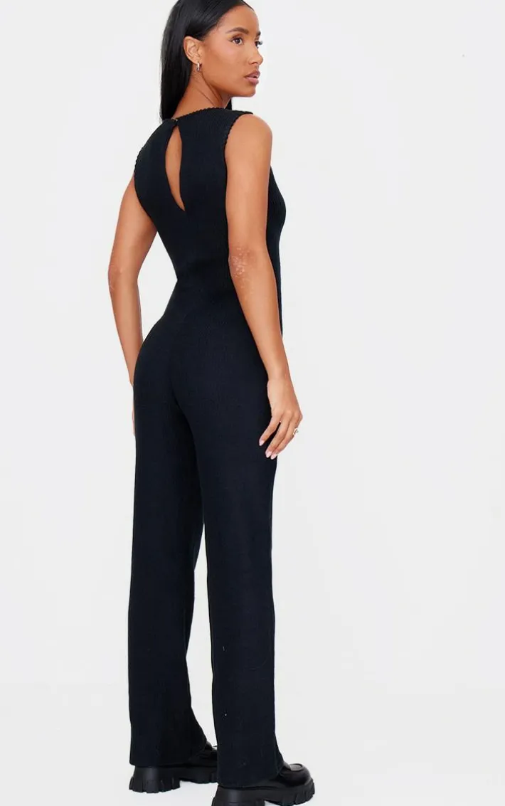 Black Soft Rib Wide Leg Racer Neck Jumpsuit