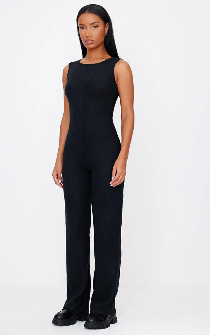 Black Soft Rib Wide Leg Racer Neck Jumpsuit