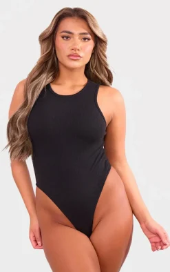 Black Soft Ribbed Racer Bodysuit