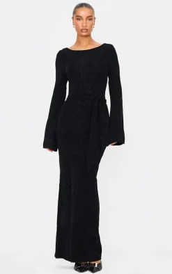 Black Soft Textured Knit Open Back Tie Waist Maxi Dress