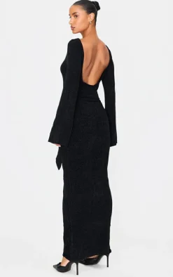 Black Soft Textured Knit Open Back Tie Waist Maxi Dress