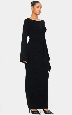 Black Soft Textured Knit Open Back Tie Waist Maxi Dress