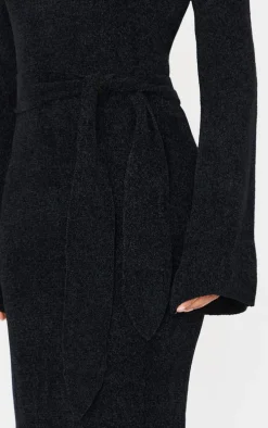 Black Soft Textured Knit Open Back Tie Waist Maxi Dress