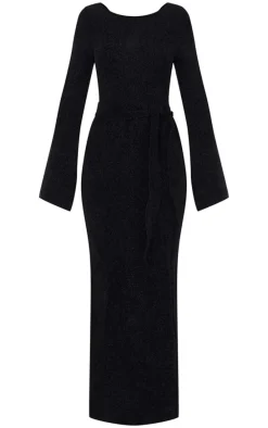 Black Soft Textured Knit Open Back Tie Waist Maxi Dress