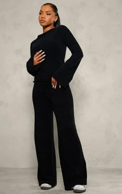 Black Soft Textured Knit Drawstring Wide Leg Pants