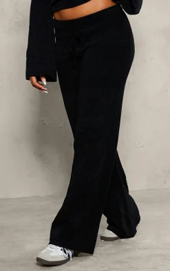 Black Soft Textured Knit Drawstring Wide Leg Pants