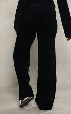 Black Soft Textured Knit Drawstring Wide Leg Pants