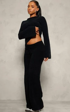 Black Soft Textured Knit Drawstring Wide Leg Pants