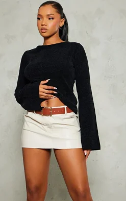 Black Soft Textured Knit Open Back Top