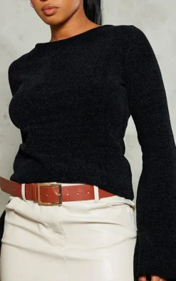 Black Soft Textured Knit Open Back Top