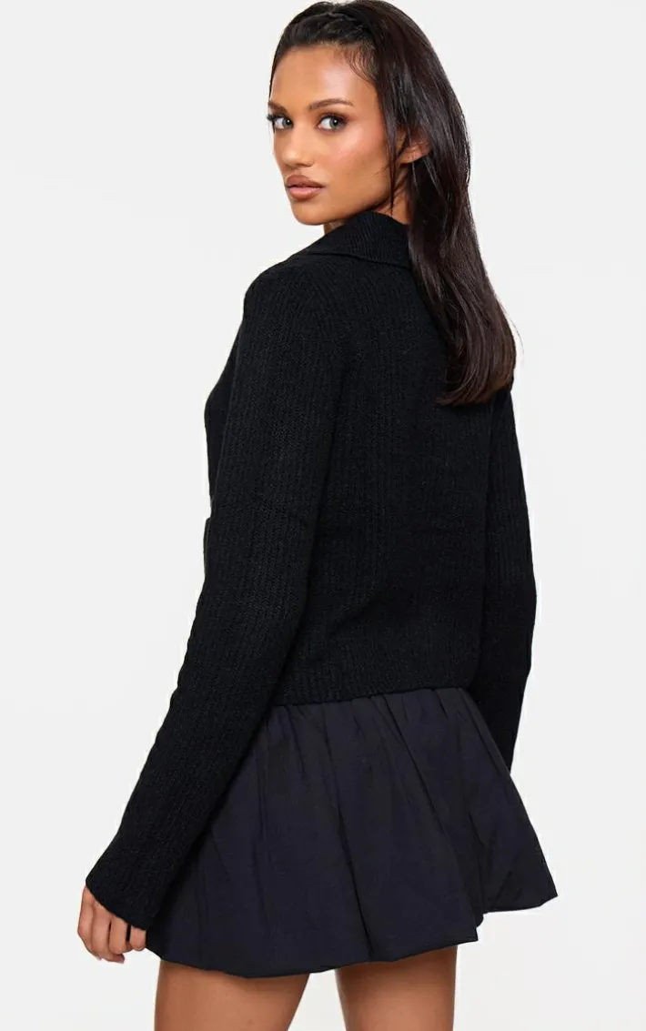 Black Soft Textured Knit Button Up Collar Detail Cardigan