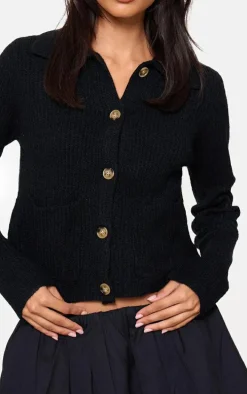 Black Soft Textured Knit Button Up Collar Detail Cardigan