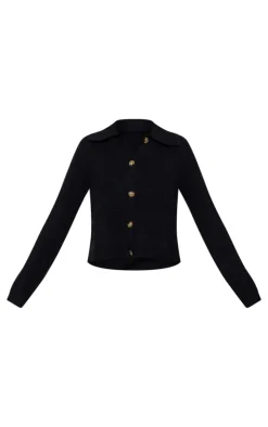 Black Soft Textured Knit Button Up Collar Detail Cardigan