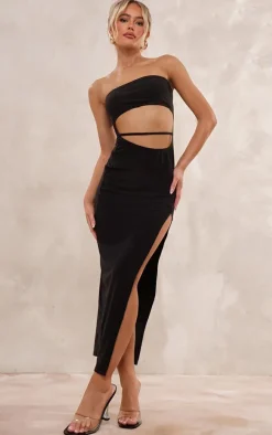 Black Soft Touch Bandeau Cut Out Waist Strap Midaxi Dress