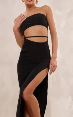 Black Soft Touch Bandeau Cut Out Waist Strap Midaxi Dress
