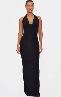 Black Soft Touch Cowl Neck Twist Back Detail Maxi Dress