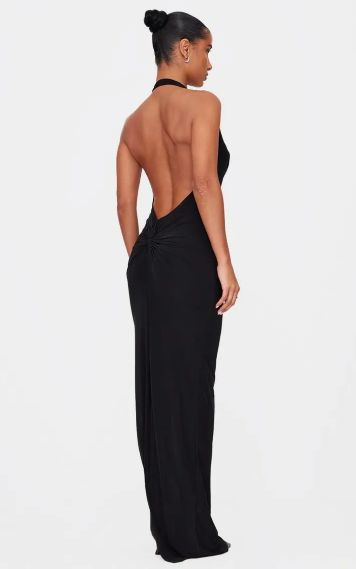 Black Soft Touch Cowl Neck Twist Back Detail Maxi Dress