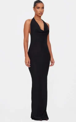 Black Soft Touch Cowl Neck Twist Back Detail Maxi Dress