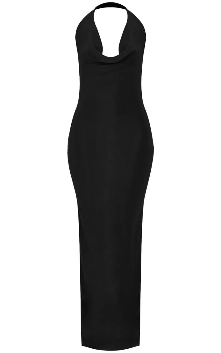 Black Soft Touch Cowl Neck Twist Back Detail Maxi Dress