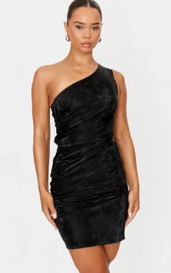 Black Soft Touch Faux Leather One Shoulder Mini Dress