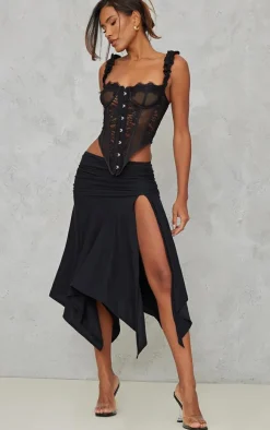 Black Soft Touch Ruched Asymmetric Midi Skirt