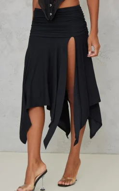 Black Soft Touch Ruched Asymmetric Midi Skirt