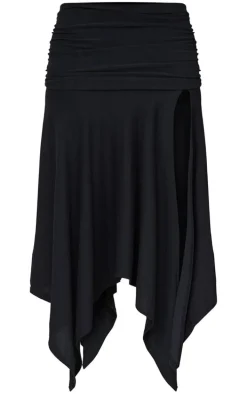 Black Soft Touch Ruched Asymmetric Midi Skirt