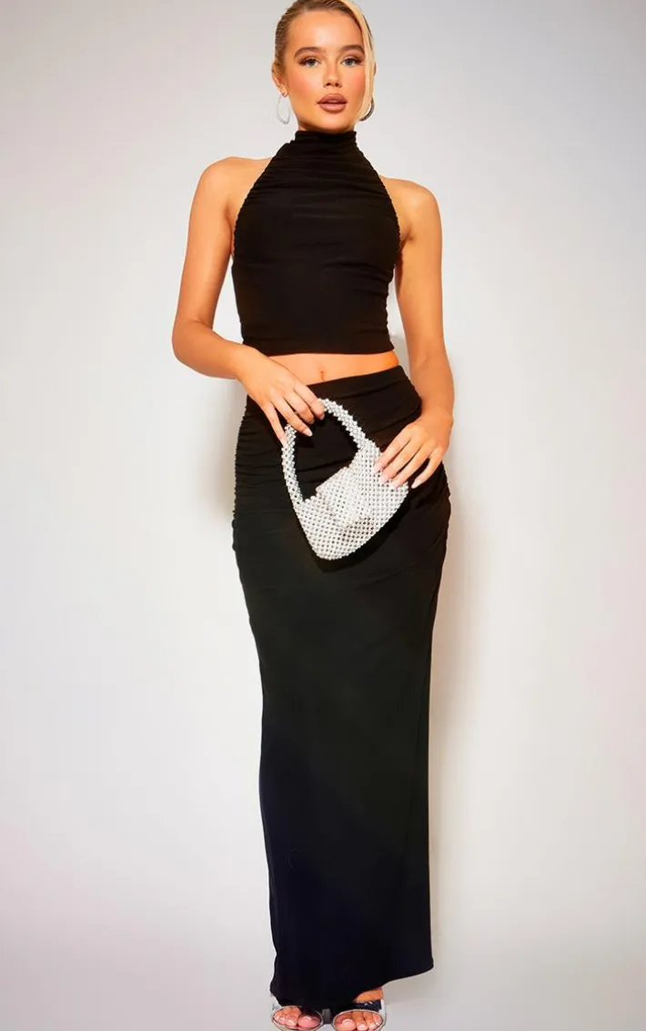 Black Soft Touch Ruched Back Maxi Skirt