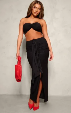 Black Soft Touch Ruched Knot Detail Split Leg Midaxi Skirt
