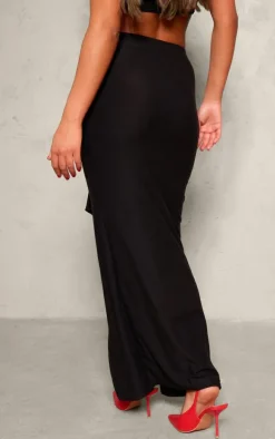 Black Soft Touch Ruched Knot Detail Split Leg Midaxi Skirt